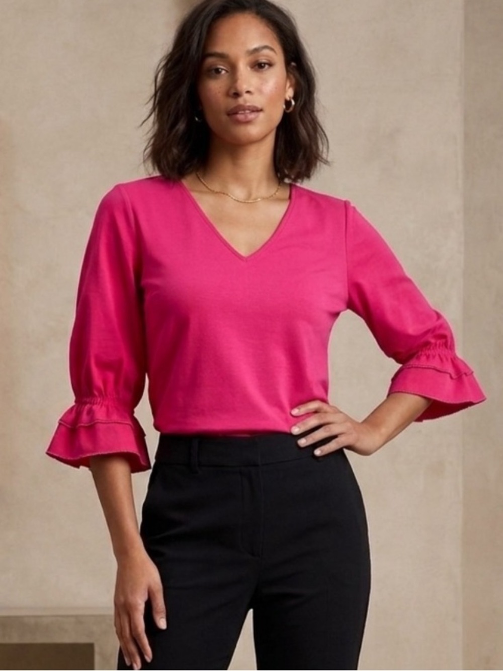 Elegant Hot Pink V-Neck Women's Top